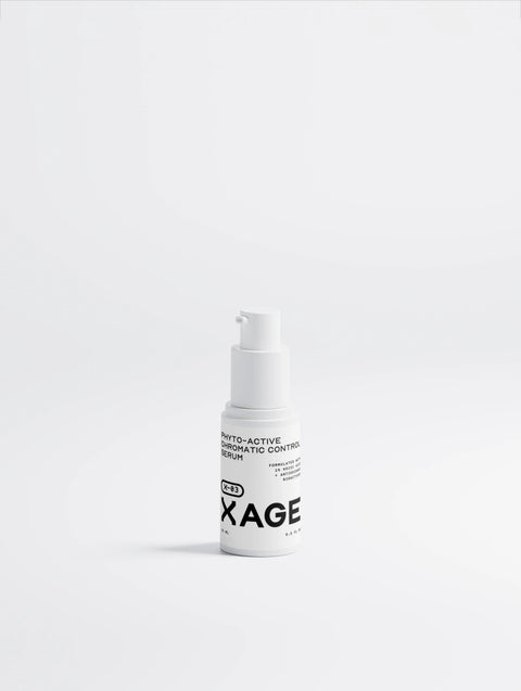 Xage Phyto-Active Chromatic Control Serum for skin tone, antioxidants, white pump bottle